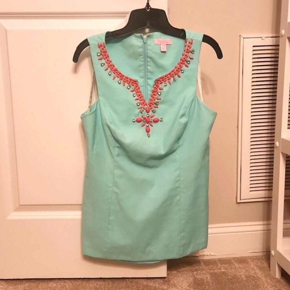 Lilly Pulitzer "Jackie" Beaded Turquoise & Coral Fitted Tank Blouse Size 10